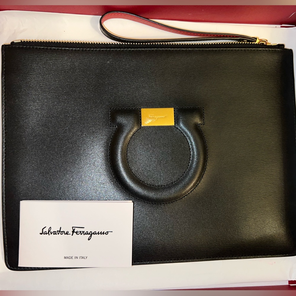 Salvatore Ferragamo Black and red envelope night clutch